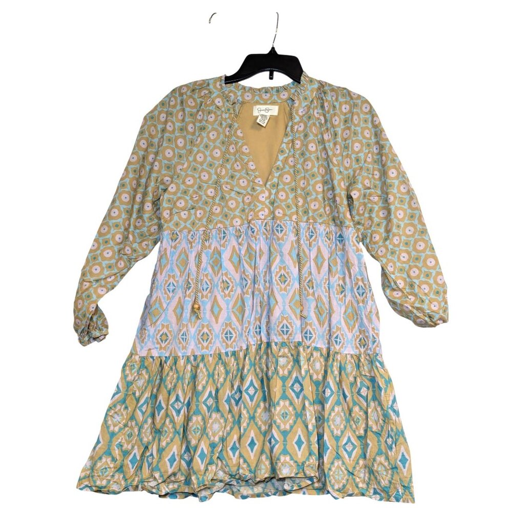 Jessica Simpson Womens Boho Tiered Dress M Multicolor Geometric Print Long Sleev